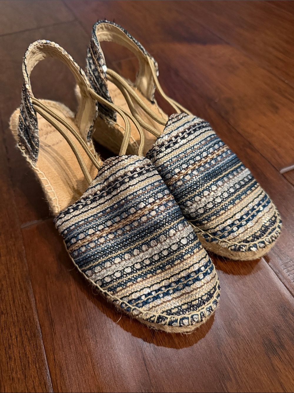 Striped Blue and Tan Espadrille Slingback Flats